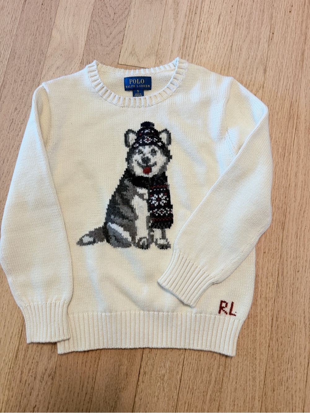 Polo Ralph Lauren Kids Husky Dog Knit Sweater Cream Size 5